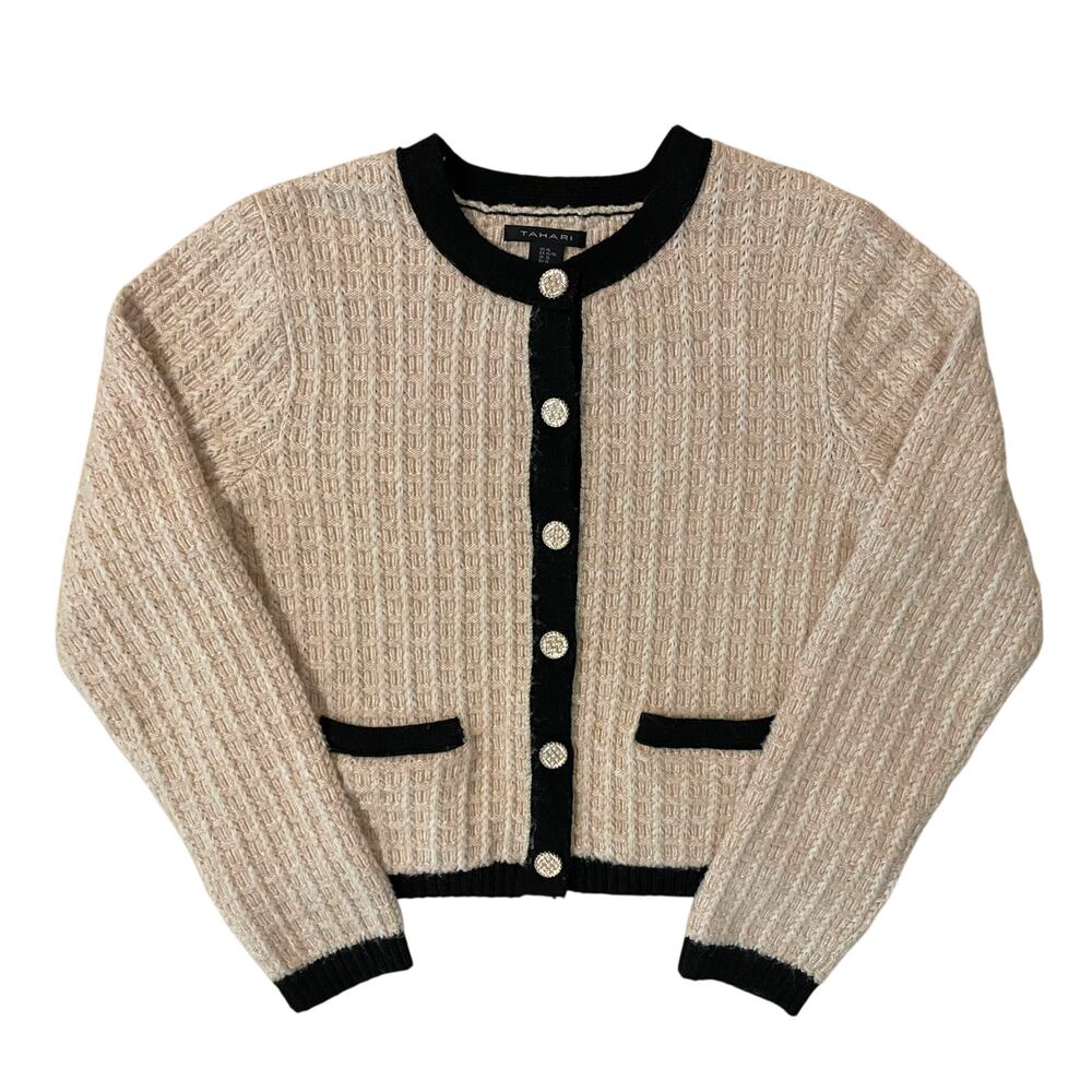 Tahari Cardigan Womens XL Wool Blend Sweater Chunky Knit Preppy Cream Black Cozy